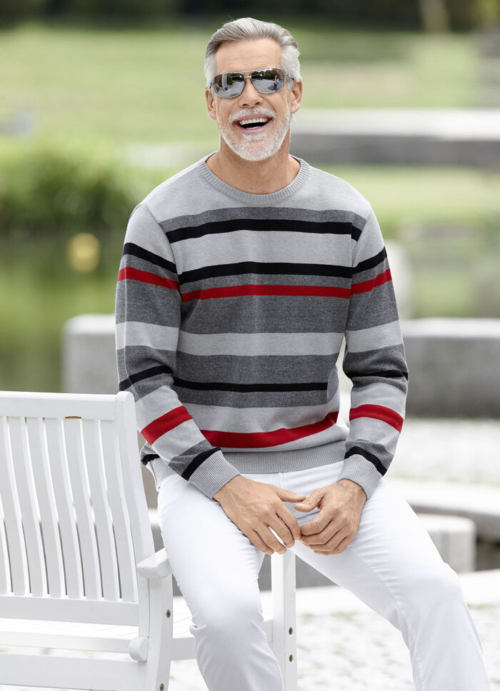 Modischer Rundhalspullover in 2 Farben GRAU-SCHWARZ-ROT