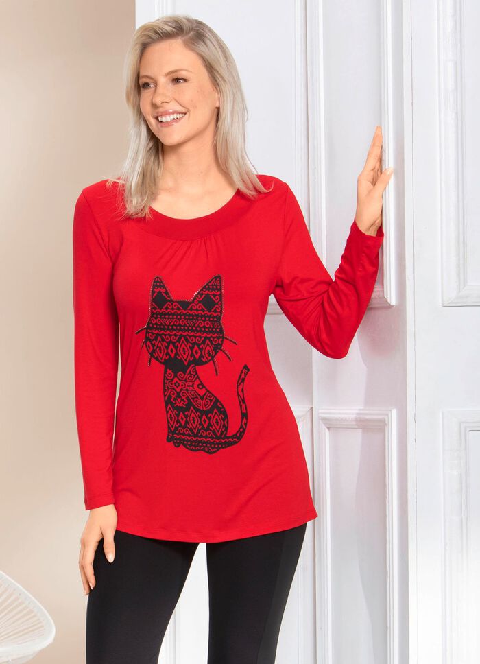 Shirt mit Katzen-Motiv in 2 Farben 