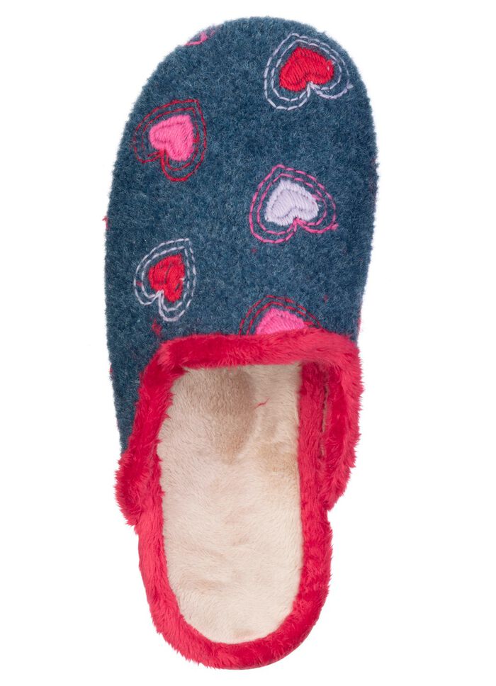 Laurina, warme Damen-Hausschuhe, mit Pl&uuml;sch BLAU-ROT