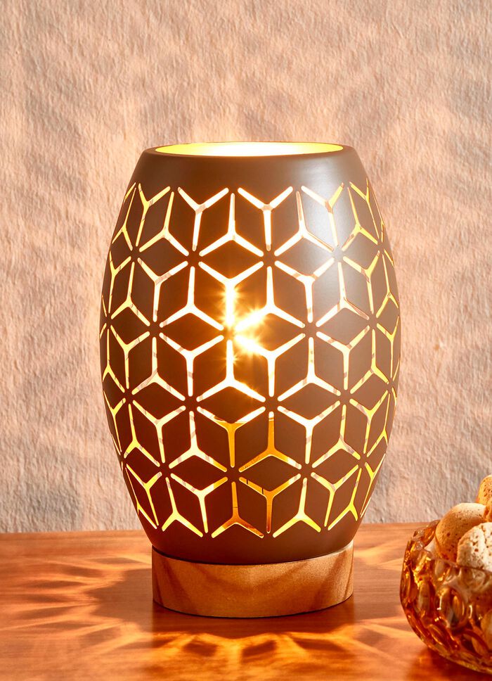 Tischleuchte mit Metall-Lampenschirm und Holz-Sockel BRAUN-GOLD