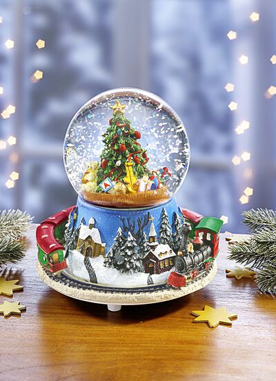 Schneekugel mit Melodie und fahrender Eisenbahn 