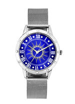 Silberfarbene Damenuhr mit Sonnenmotiv und Kristallakzenten 