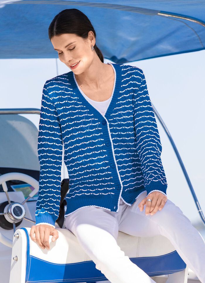 Strickjacke mit feinen Ringeln und Ajourrauten AZURBLAU-WEISS