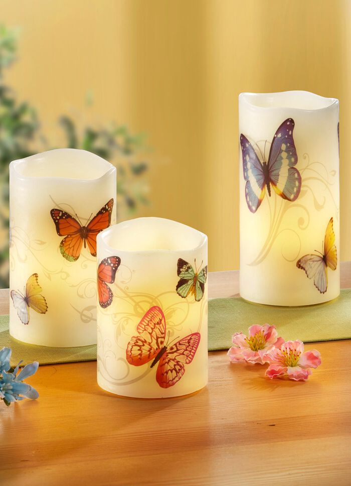 LED-Echtwachskerzen mit frühlingshaften Schmetterlingssmotiv, 3er-Set 