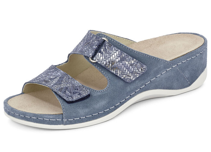 Mubb, bequeme Damen-Pantoletten, Weite H, mit herausnehmbarem Fußbett JEANSBLAU