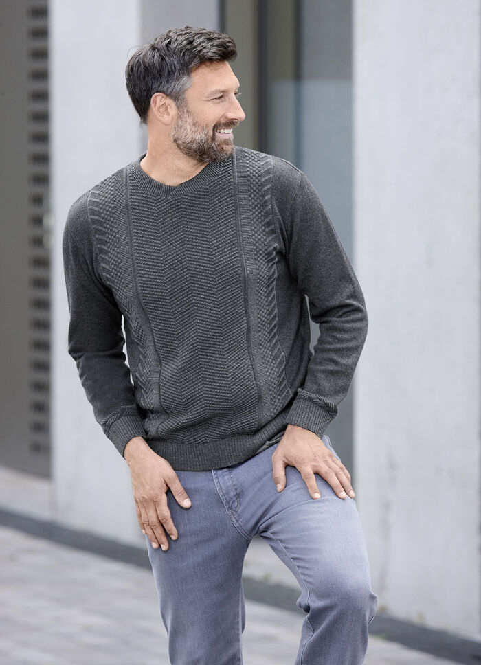 Rundhalspullover mit Strukturdessin in 2 Farben ANTHRAZIT-GRAU MELIERT