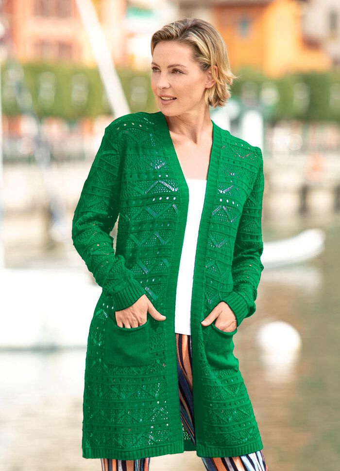 Long-Strickjacke mit Ajourdessin GR&Uuml;N