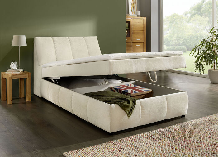 Boxspringbett mit Stauraum im Kopfteil und Bettkasten CREME