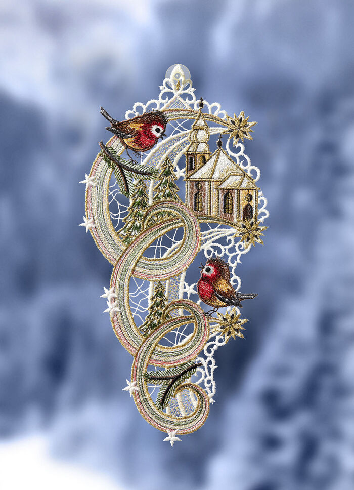 Fensterbild Kapelle mit Vögeln aus Plauener Spitze 