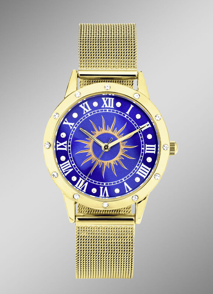 Quartz-Damenuhr Sonne mit weißen Kristallakzenten  