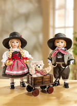 Puppenpaar mit Teddybär im Bollerwagen, 3er-Set 