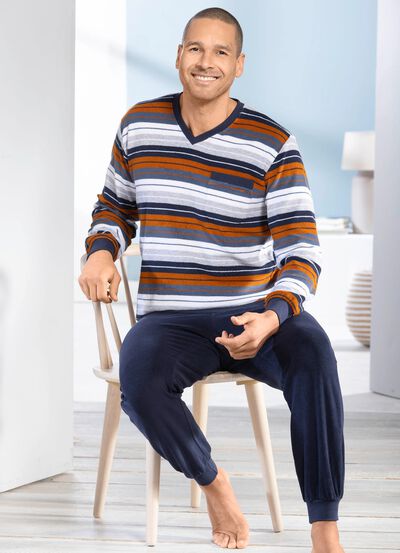 Schlafanzug aus Frottierstretch mit V-Ausschnitt und B&uuml;ndchenabschl&uuml;ssen  