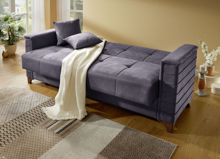 Frei im Raum aufstellbares Schlafsofa mit Dekokissen GRAU