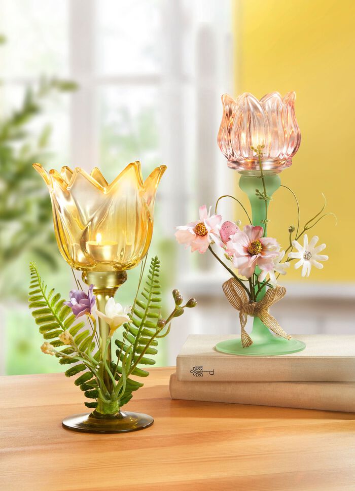 Fr&uuml;hlingshafter Teelichthalter aus Glas 