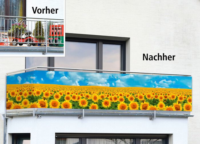 Balkonsichtschutz mit Sonnenblumen-Motiv 