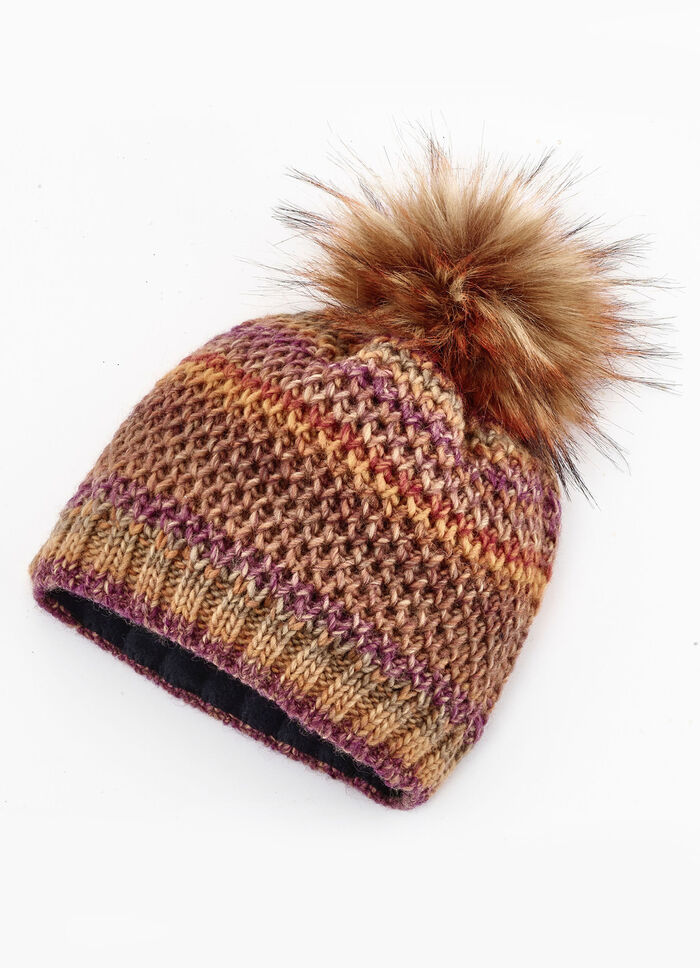 Grobstrick-Mütze mit meliertem Webpelz-Bommel ORANGE-MULTI