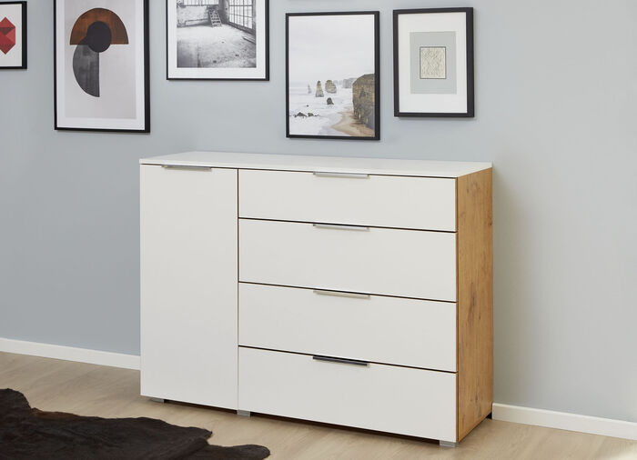 Kommodenserie mit Griffen in Chrom-Optik EICHE-WEISS