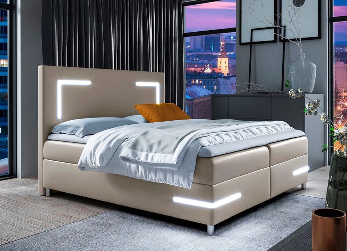 Boxspringbett mit LED-Beleuchtung und Topper CAPPUCCINO