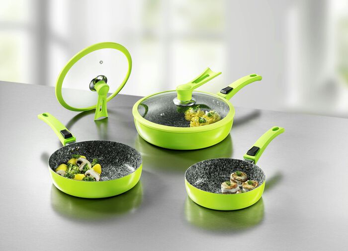Profi-Pfannen-Set, 7-teilig, mit innovativen Standdeckeln GR&Uuml;N