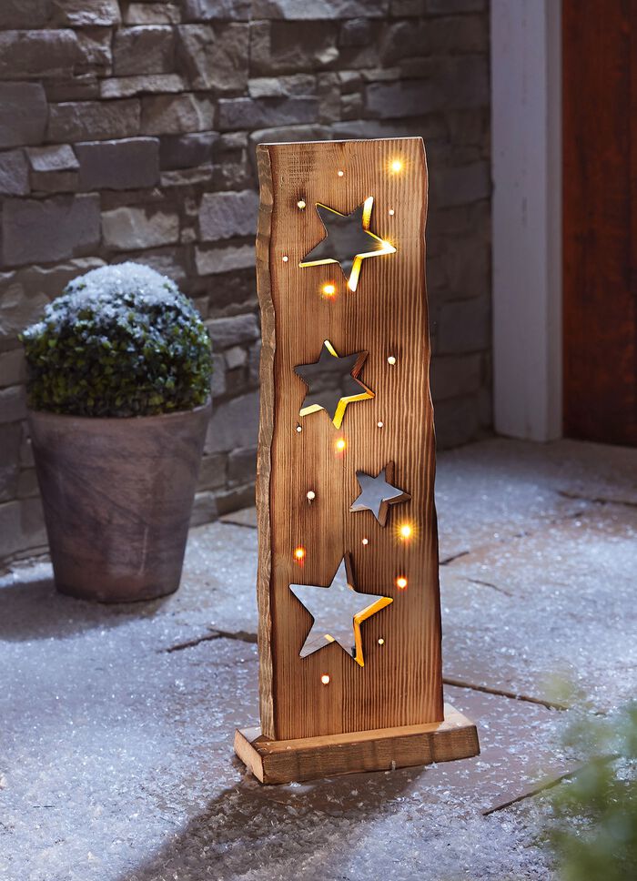 LED-Holzstele Sterne aus naturfarbenem Pinienholz 