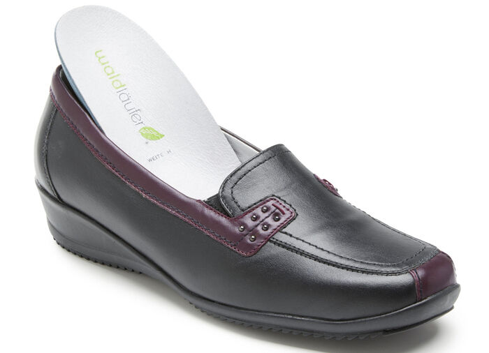 Waldläufer, bequeme Damen-Slipper, Weite H, mit herausnehmbarem Fußbett SCHWARZ-BURGUND