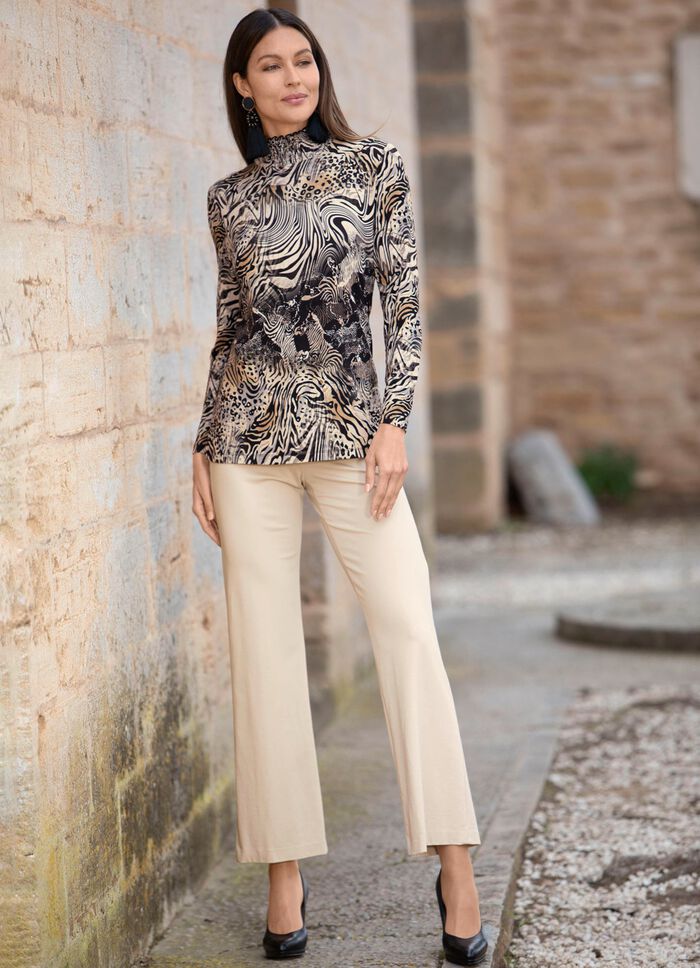 Shirt mit gesmoktem Stehkragen SCHWARZ-ECRU-CAMEL