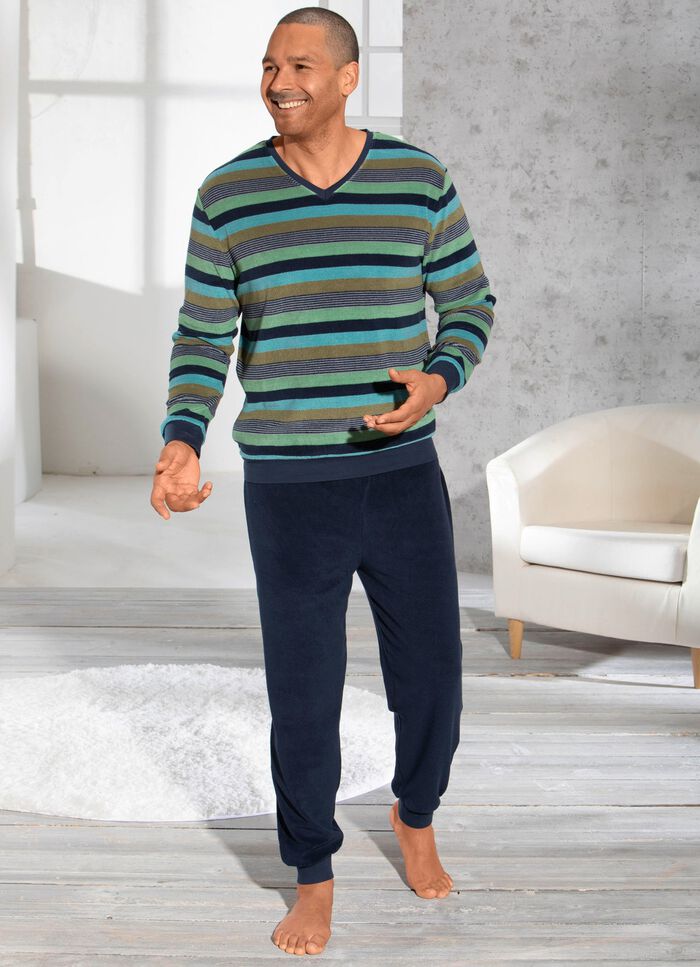 Schlafanzug mit V-Ausschnitt und garngef&auml;rbtem Ringeldessin 