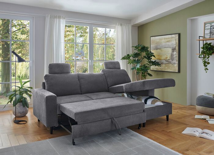 Polsterecke mit Bettfunktion und Longchair ANTHRAZIT