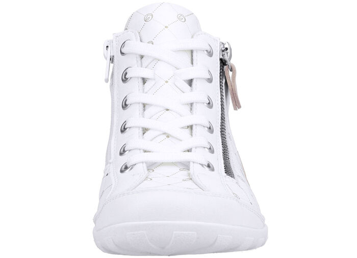 Remonte Schnür-Bootie aus bedrucktem und metallisch schimmerndem Synthetikmaterial WEISS-PUDERROSÉ