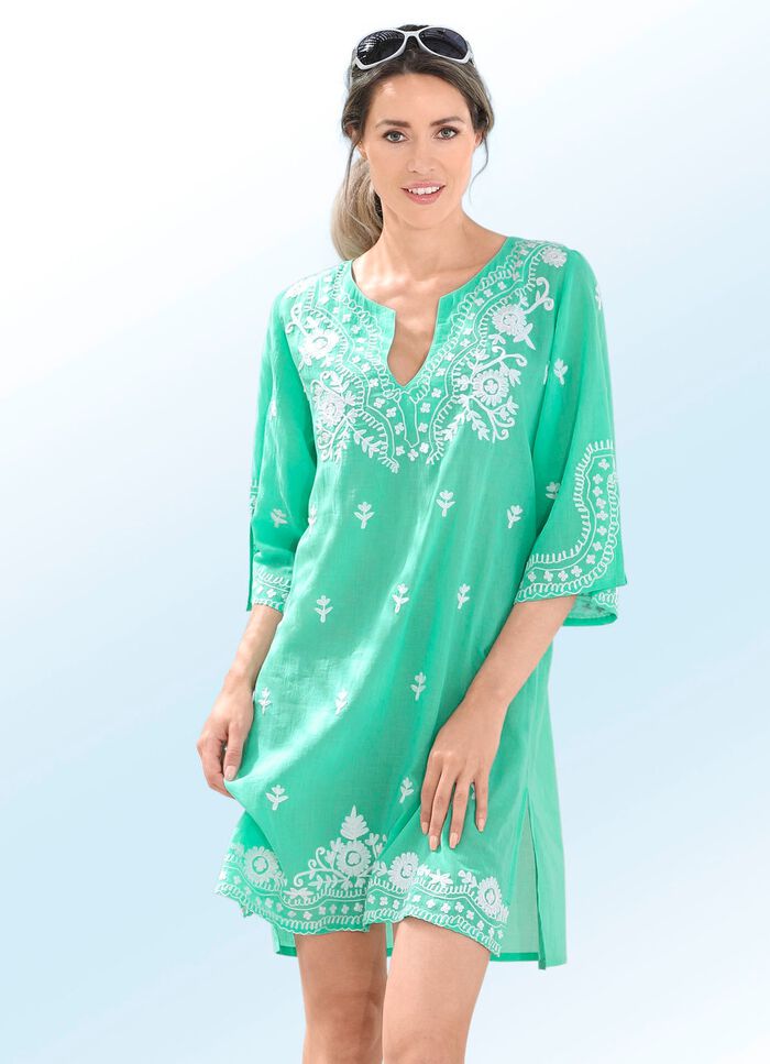 Tunika mit wei&szlig;er Stickerei sowie Seitenschlitzen, reine Baumwolle MINT-WEISS