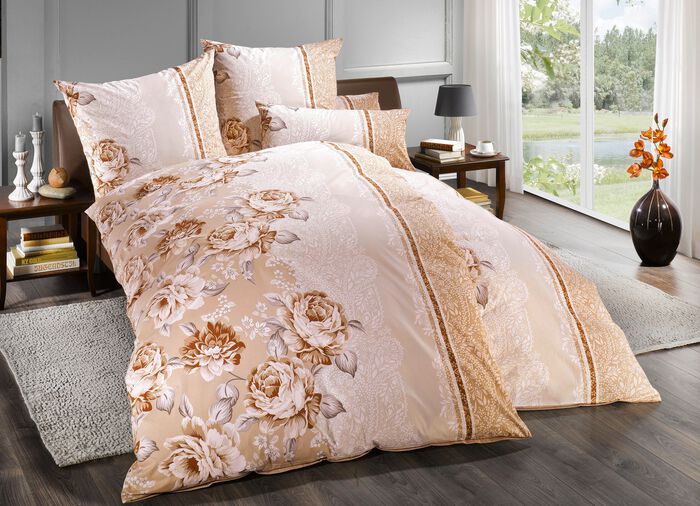 Bettw&auml;sche-Garnitur bezaubernde Rosendessin BRAUN