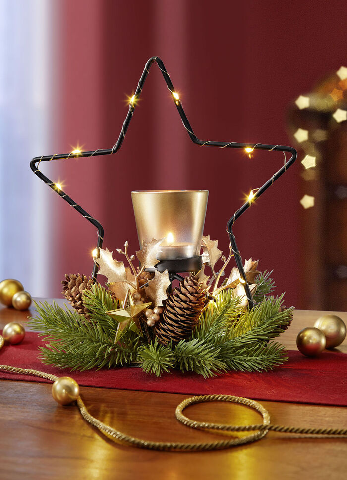 Dekorierter Metall-Teelichthalter mit LED-Beleuchtung 
