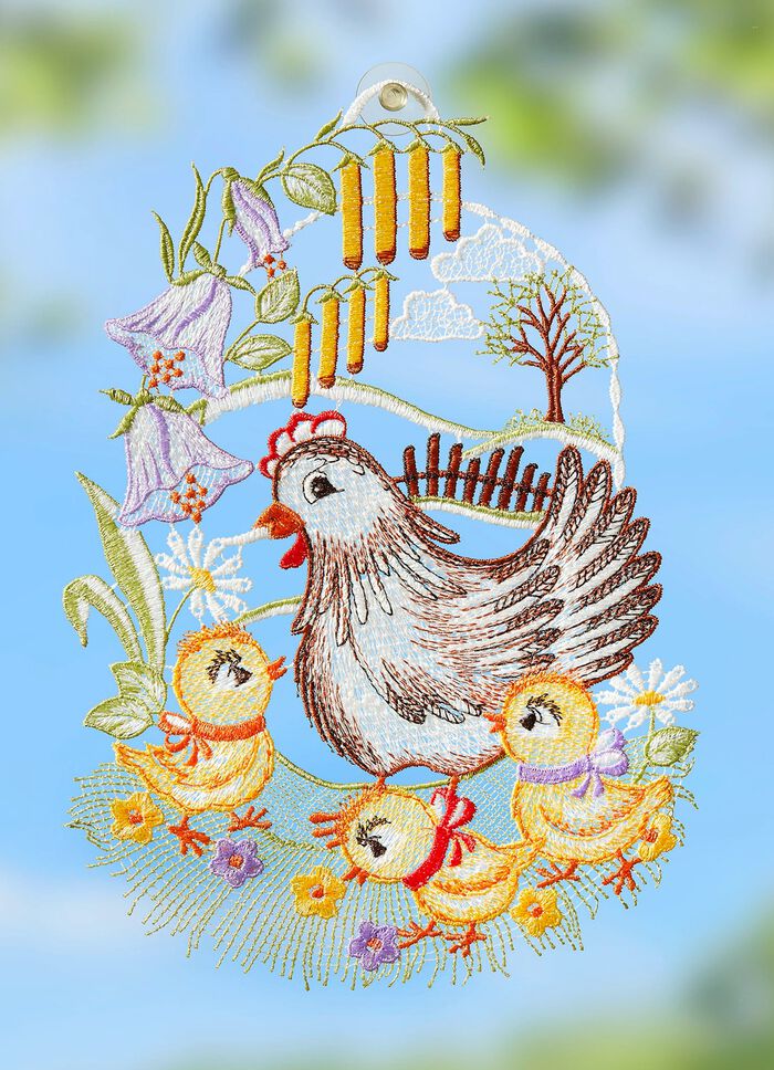 Fensterbild Familie Huhn aus Plauener Spitze 