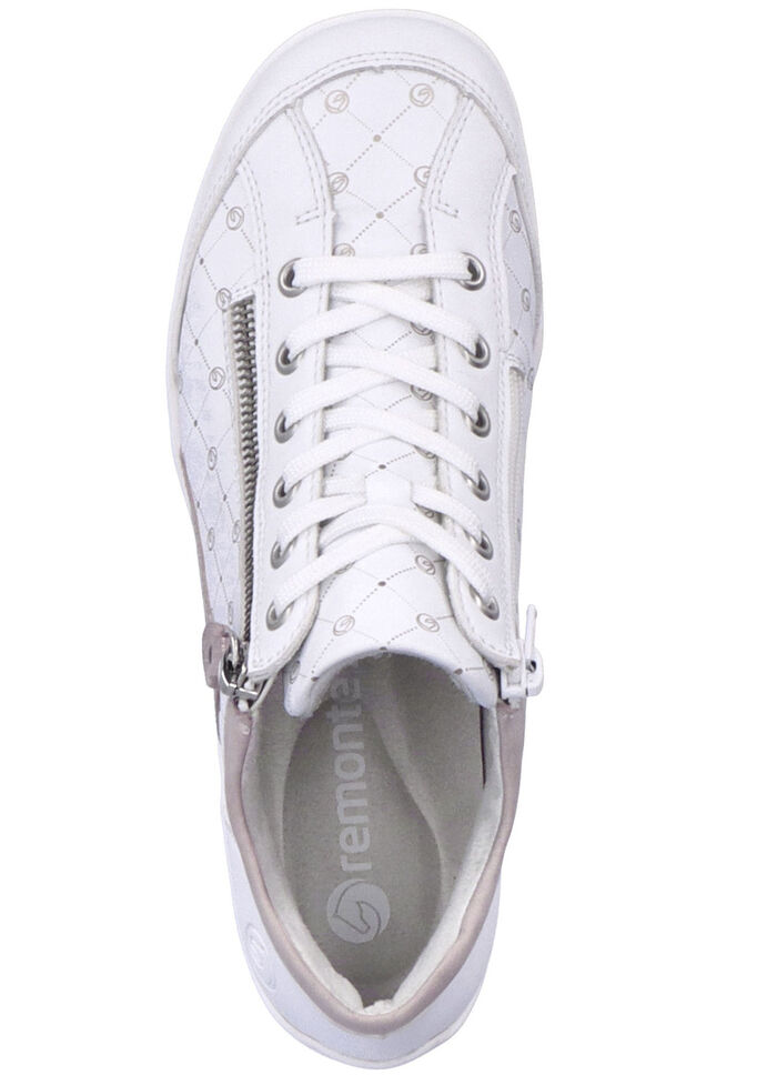 Remonte Schnür-Bootie aus bedrucktem und metallisch schimmerndem Synthetikmaterial WEISS-PUDERROSÉ