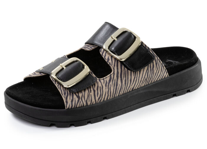 Caprice, trendige Damen-Pantoletten, Weite G, mit herausnehmbarem Fußbett SCHWARZ-SAND