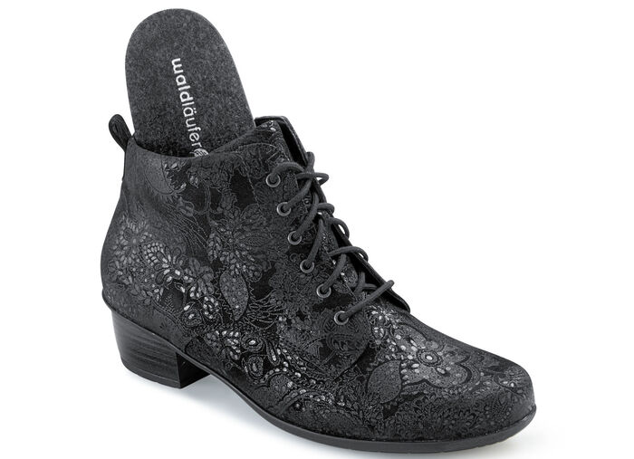 Waldl&auml;ufer Schn&uuml;r-Stiefelette mit floraler Pr&auml;gung SCHWARZ