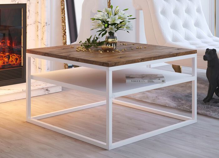 Couchtisch mit Gestell und Ablage aus Stahl EICHE DUNKEL-WEISS