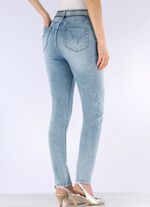 Jeans mit Strasszier und gl&auml;nzenden Bl&uuml;tenmotiven 