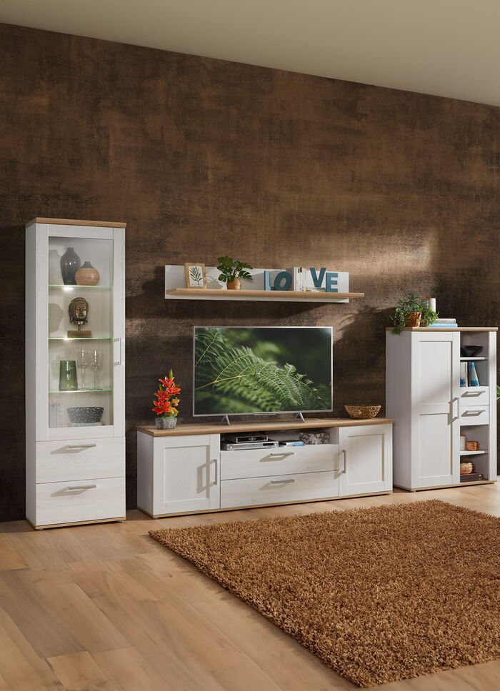 Wohnwand mit LED-Beleuchtung WEISS-EICHE