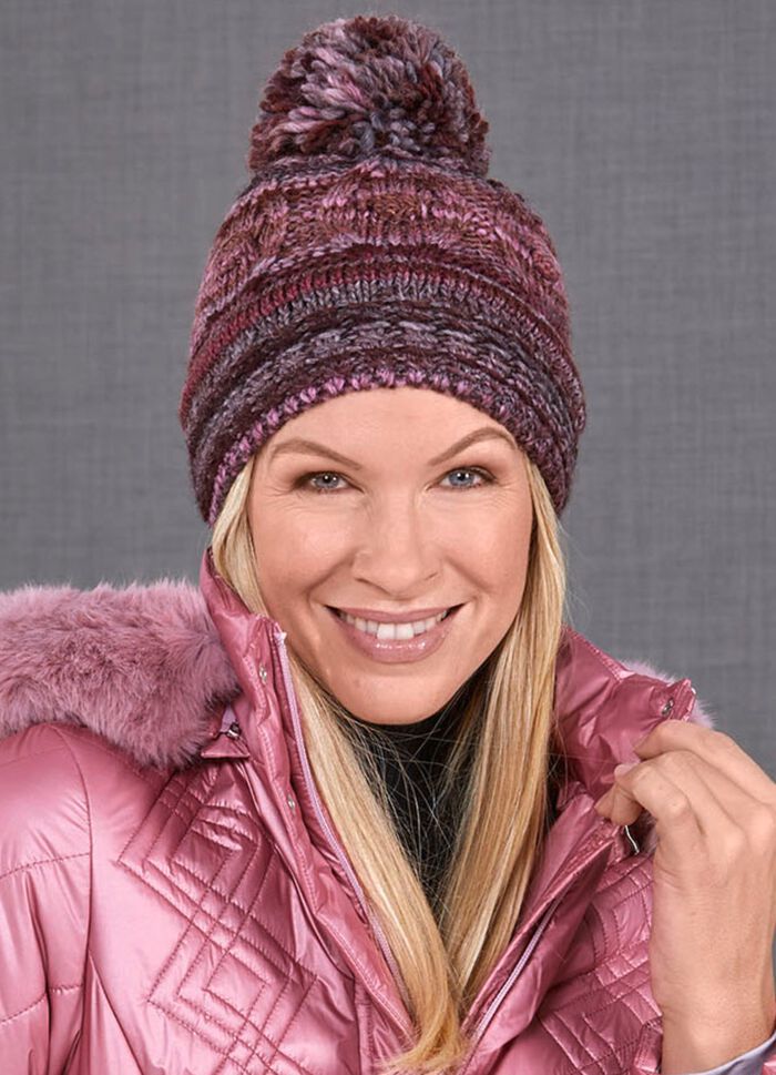 Grobstrick-M&uuml;tze mit Woll-Bommel BORDEAUX-ROSA