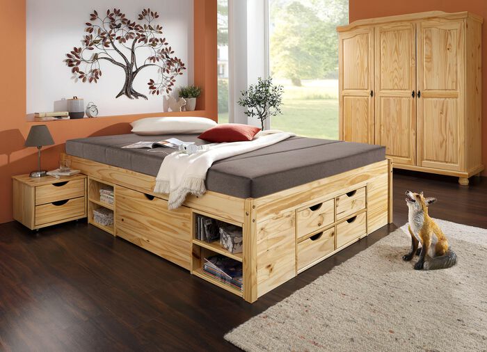 Funktionsbett aus massivem Kiefernholz NATUR