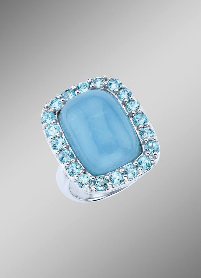 Handgearbeiteter Damenring mit Aquamarin und Blautopasen 
