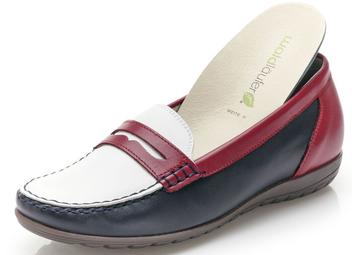 Waldläufer Mokassin-Slipper mit herausnehmbaren Lederfußbett BLAU-WEISS-ROT