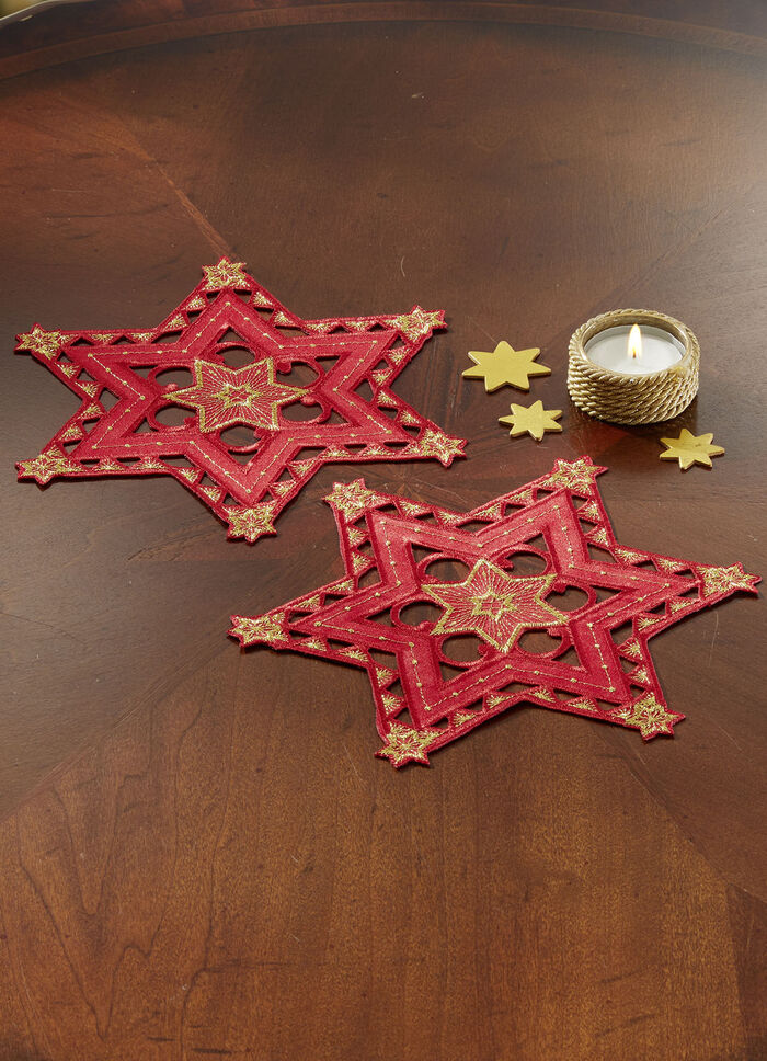 Bestickte, festliche Tischdekoration ROT-GOLD