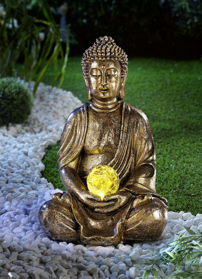 Buddha mit Solarkugel aus witterungsbest&auml;ndigem Polyresin 