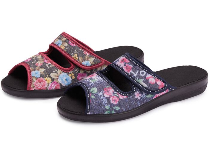 Zweierpack, klassische Damen-Hausschuhe, Weite H, mit Klettverschluss 1X BLAU, 1X ROT