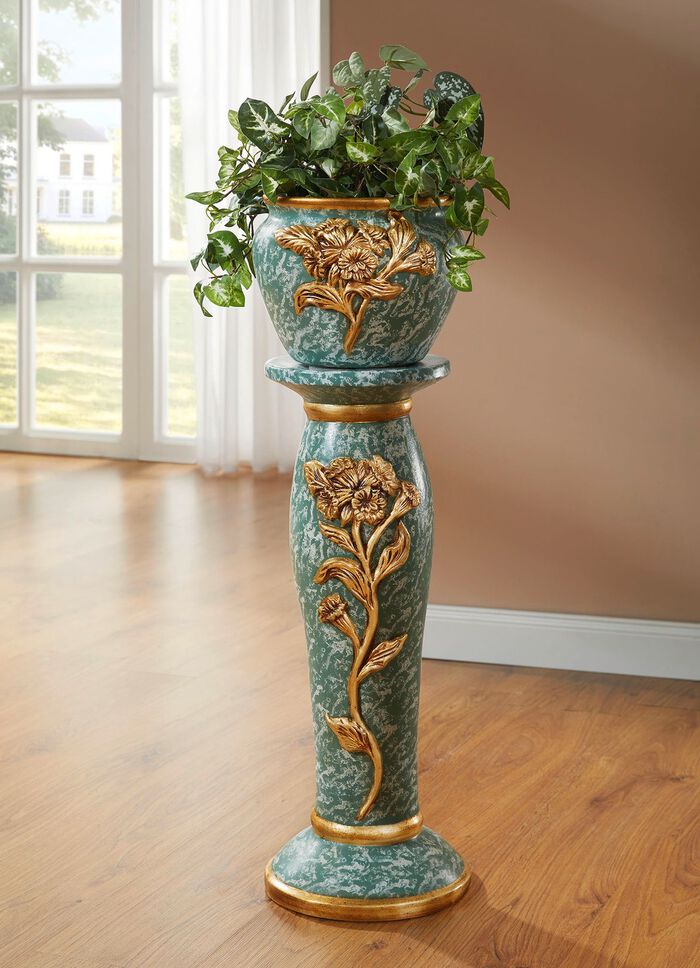 S&auml;ule mit &Uuml;bertopf aus italienischer Keramik GR&Uuml;N-GOLD