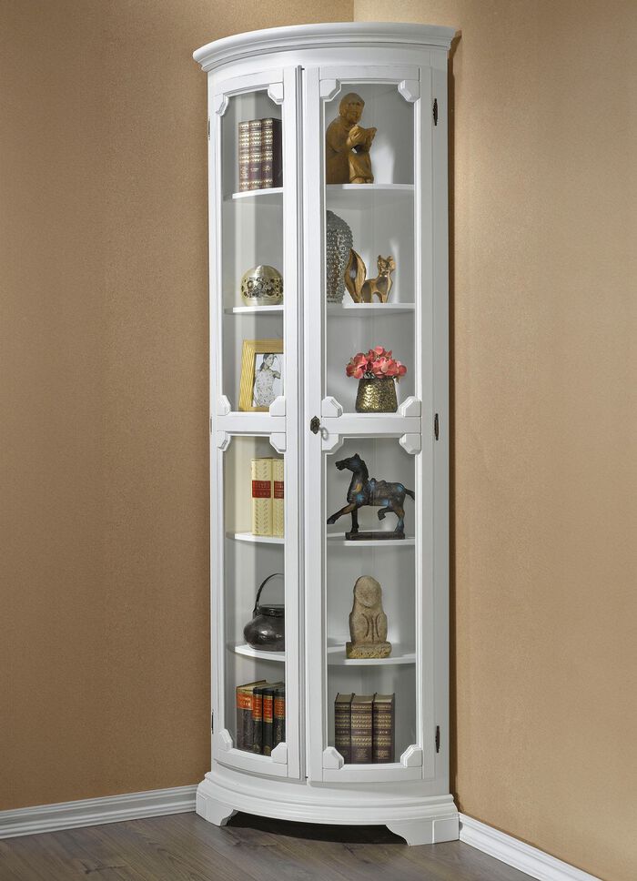 Teilmassive Eckvitrine mit gebogenen Glastüren mit Schloss WEISS