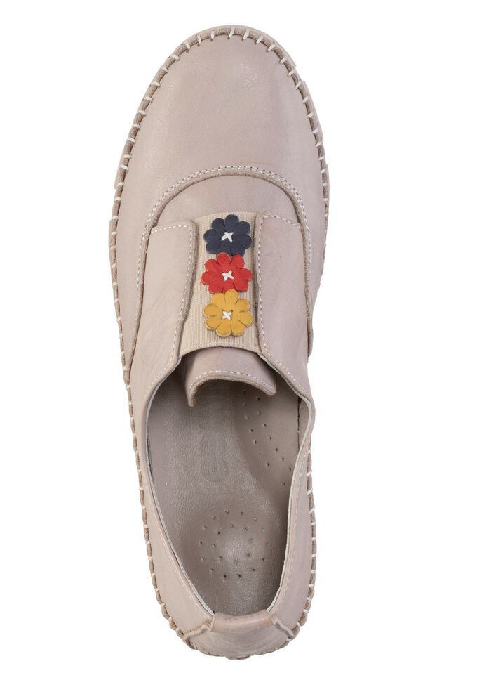 Gemini Slipper mit dezenter Knitter-Struktur und bunten Leder-Bl&uuml;ten 