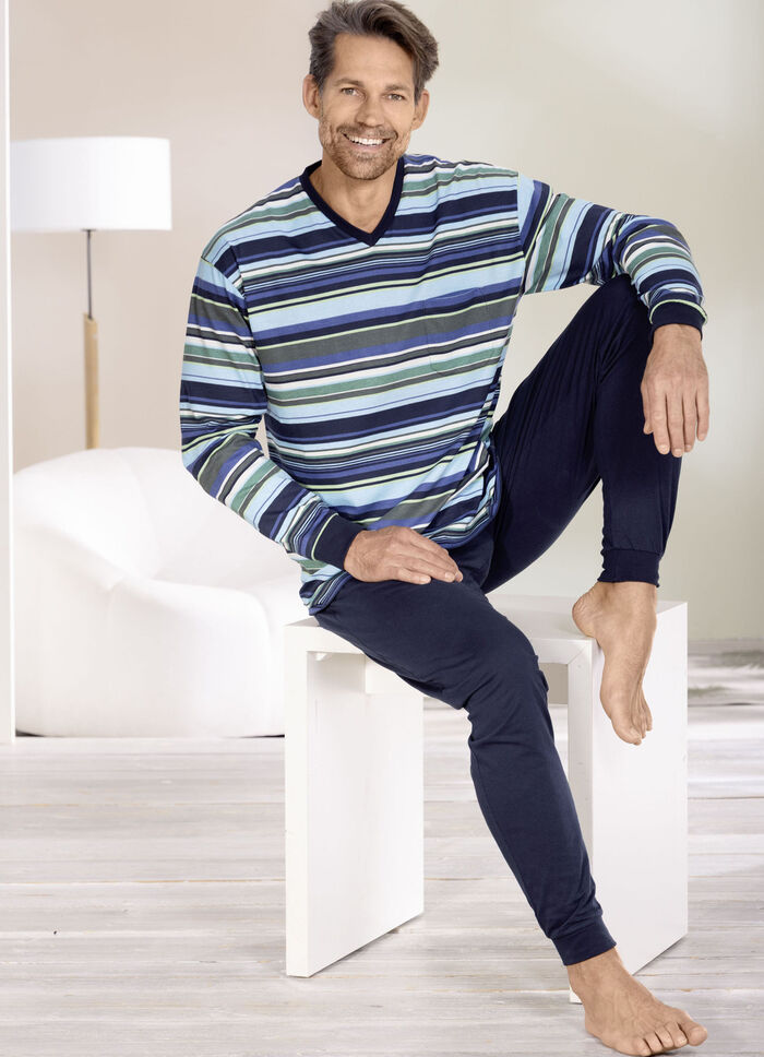 Schlafanzug mit V-Ausschnitt und B&uuml;ndchenabschl&uuml;ssen  